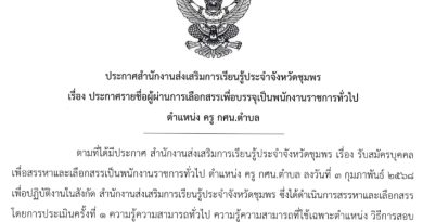 ประกาศสำนักงานส่งเสริมการเรียนรู้ประจำจังหวัดชุมพร เรื่อง ประกาศรายชื่อผู้ผ่านการเลือกสรรเพื่อบรรจุเป็นพนักงานราชการทั่วไป ตำแหน่ง ครู กศน.ตำบล