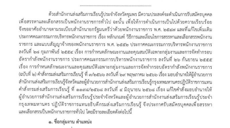ประกาศสำนักงานส่งเสริมการเรียนรู้ประจำจังหวัดชุมพร เรื่อง รับสมัครบุคคลเพื่อสรรหาและเลือกสรรเป็นพนักงานราชการทั่วไป ตำแหน่ง บรรณารักษ์ ประกาศสำนักงานส่งเสริมการเรียนรู้ประจำจังหวัดชุมพร เรื่อง รับสมัครบุคคลเพื่อสรรหาและเลือกสรรเป็นพนักงานราชการทั่วไป ตำแหน่ง บรรณารักษ์